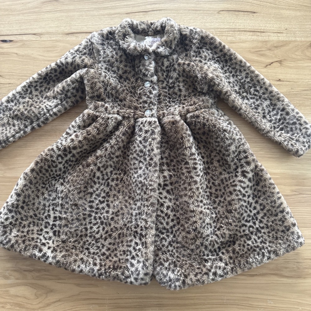 Girl's Faux Fur Coat Size 6 Rhinestone Buttons Animal Leopard Print Biscotti
